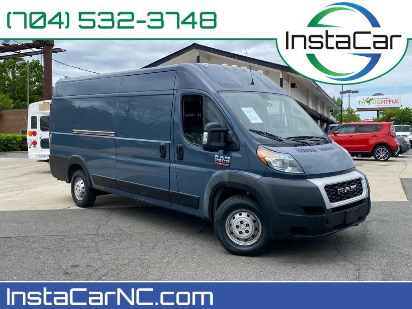 2019 Patriot Blue Pearlcoat /Black Ram ProMaster 3500 High Roof (3C6URVJG8KE) with an V6, 3.6L engine, 6-speed automatic transmission, located at 6520 E. Independence Blvd., Charlotte, NC, 28212, 35.146019, -80.723465 - <b>Equipment</b><br>Good News! This certified CARFAX 1-owner vehicle has only had one owner before you. Protect the vehicle from unwanted accidents with a cutting edge backup camera system. The vehicle features a hands-free Bluetooth phone system. Impresses the most discerning driver with the deep p - Photo#0