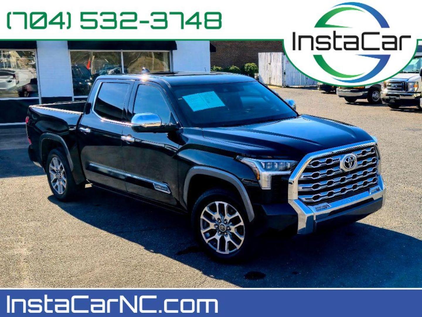2023 Midnight Black Metallic /Saddle Tan Toyota Tundra 1794 Edition (5TFMA5AB0PX) with an V6, 3.5L (3445 cc) engine, 10-speed automatic transmission, located at 6520 E. Independence Blvd., Charlotte, NC, 28212, 35.146019, -80.723465 - <b>Equipment</b><br>See what's behind you with the back up camera on it. The Toyota Tundra is pure luxury with a heated steering wheel. Bluetooth technology is built into this 2023 Toyota Tundra , keeping your hands on the steering wheel and your focus on the road. This vehicle is a certified CARFAX - Photo#0